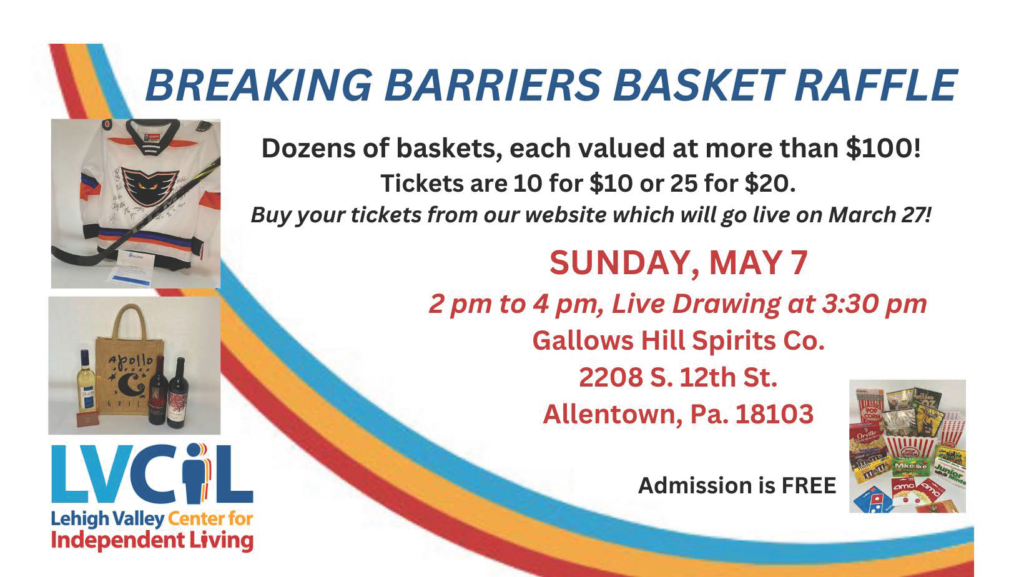 Image Image shows curved lines with the text, “Breaking Barriers Basket Raffle” and images of prizes, including a hockey stick and jersey, bottles of wine, and snacks.