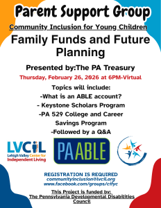Flyer for the upcoming Community Inclusion for Young Children Parent Support Group meeting. It includes event details, the Lehigh Valley Center for Independent Living and Community Inclusion for Young Children logos, and a link to the CIFYC private Facebook group: [[www.facebook.com/groups/cifyc] It also includes colorful abstract shapes on all four corners. The flyer reflects the same information shared in the post caption.